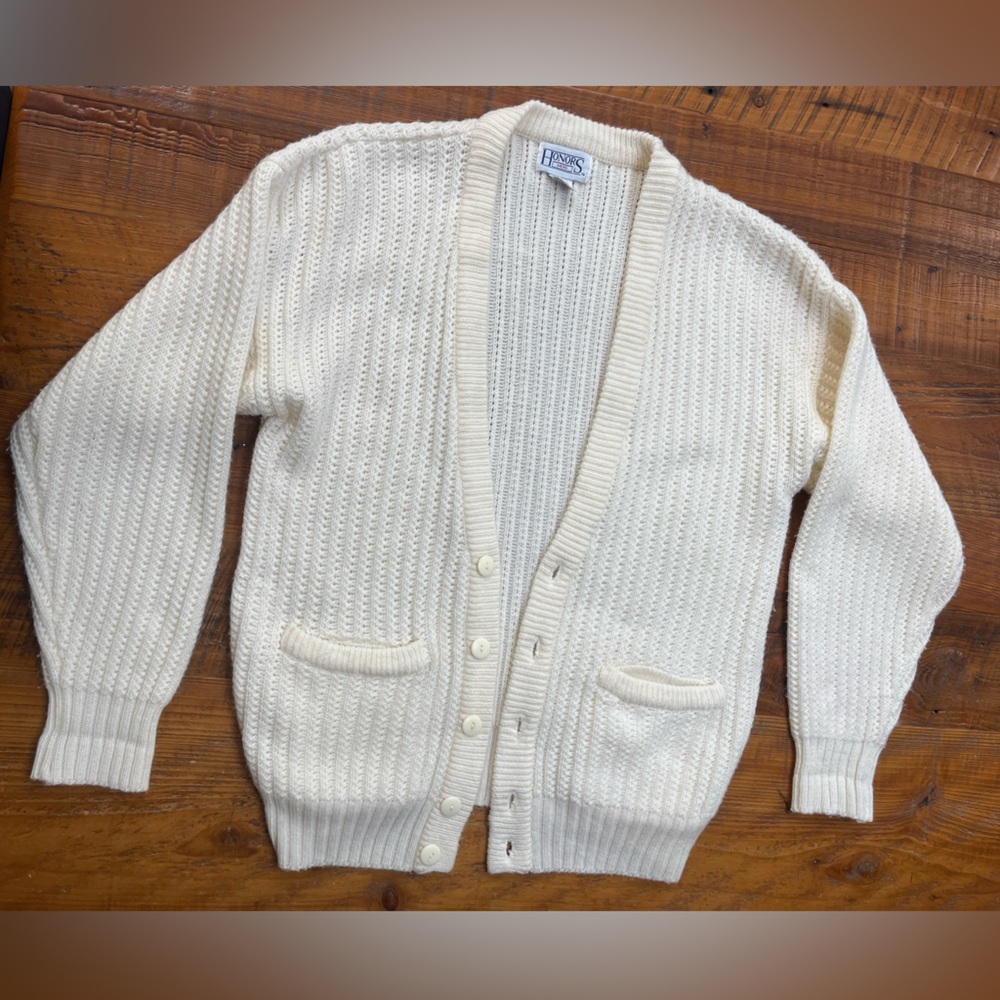 Vintage Honors Cream Cable Knit V Neck Button Up Cardigan Size Medium